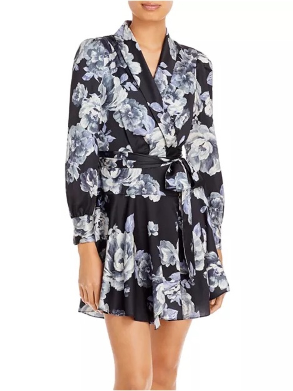 MILLY Samara Satin Floral Wrap Mini Dress Black Gray Size 6
